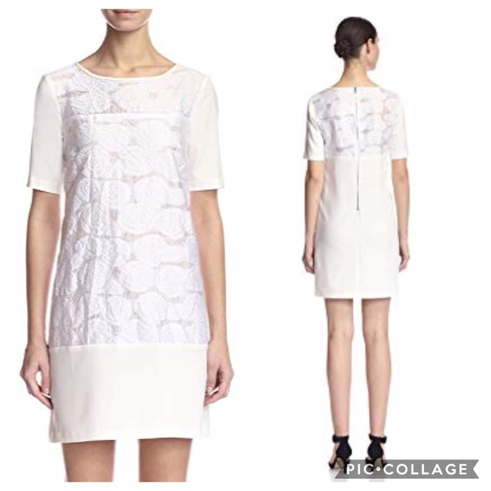 ABS Floral Jacquard Shift Dress NWT Small White Short Sleeve Midi Sheath Shirt